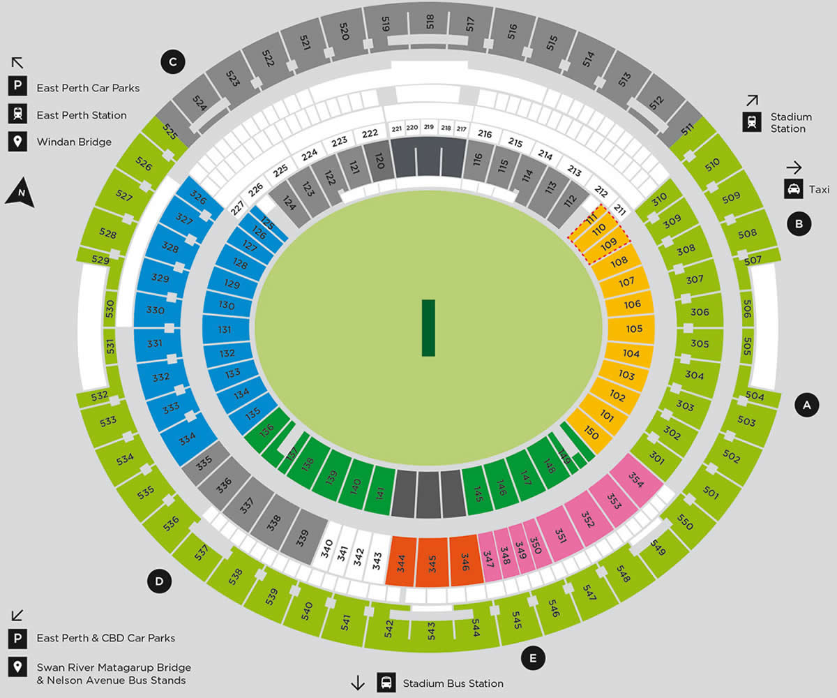 Perth Stadium (Optus Stadium) Australia vs England 1st Test Day 2 Venue Seating Plan